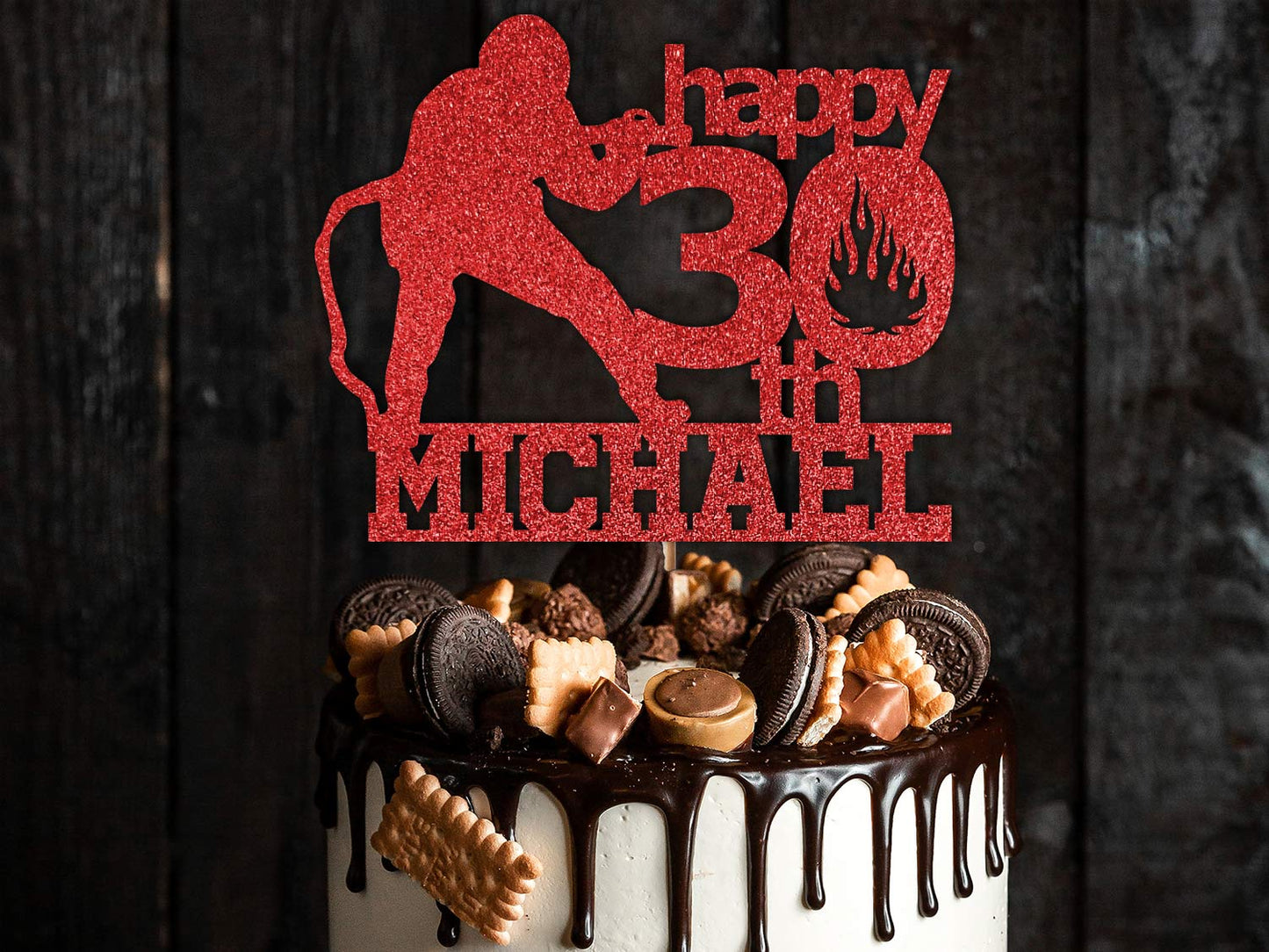 Fireman Birthday Glitter Cake Topper with name and age