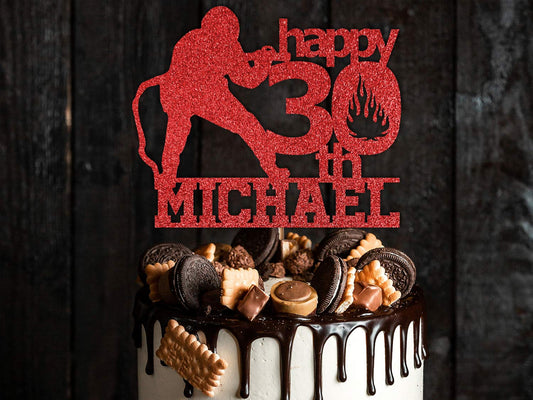 Fireman Birthday Glitter Cake Topper with name and age