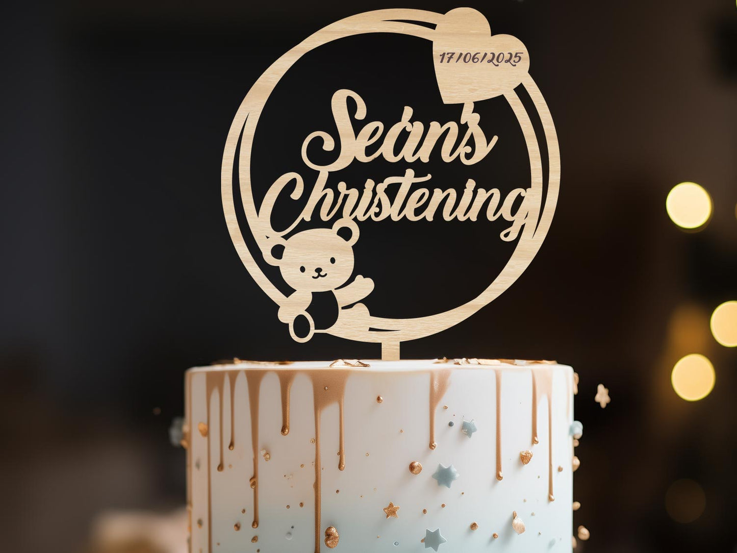 Christening Cake Topper with Date and Teddy Bear