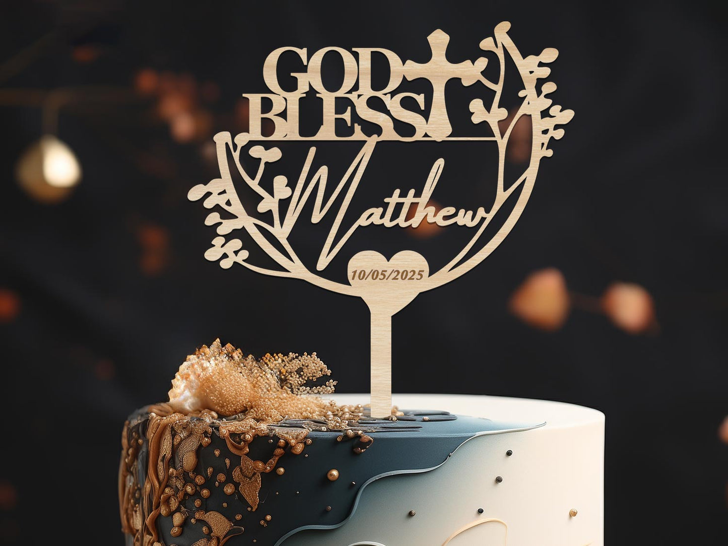 Personalised God Bless Cake Topper with date
