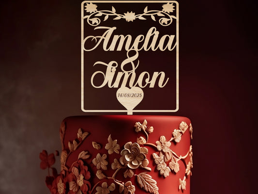 Square Wedding Cake Topper with names and date