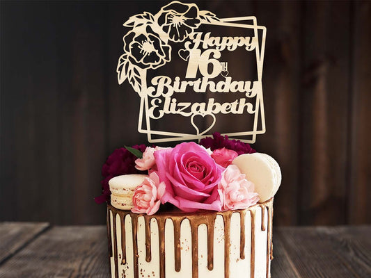 Flowers Hearts Birthday Cake Topper