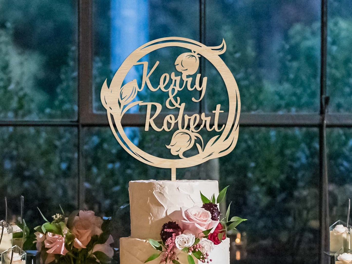 Wedding Wooden Cake Topper with flowers