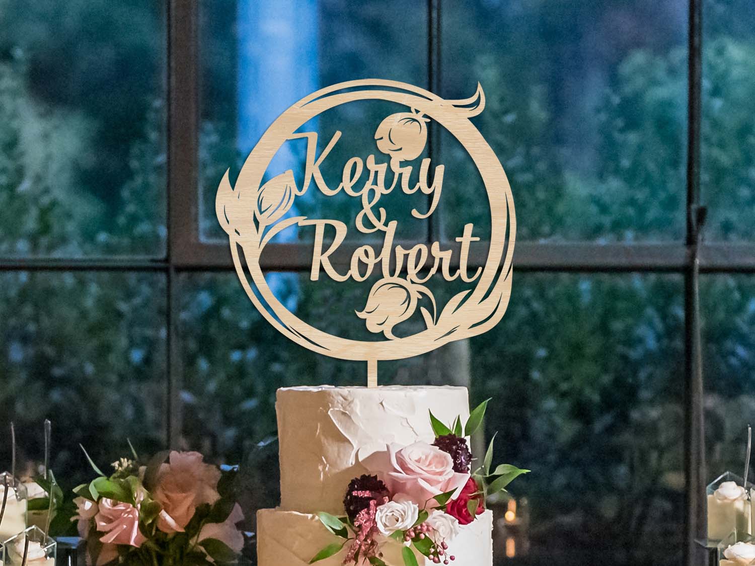 Wedding Wooden Cake Topper with flowers