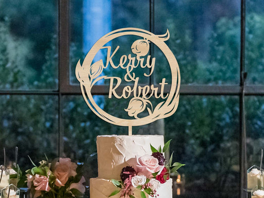 Wedding Wooden Cake Topper with flowers