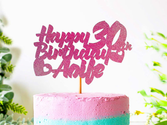 Happy Birthday - Age name and hearts cake topper