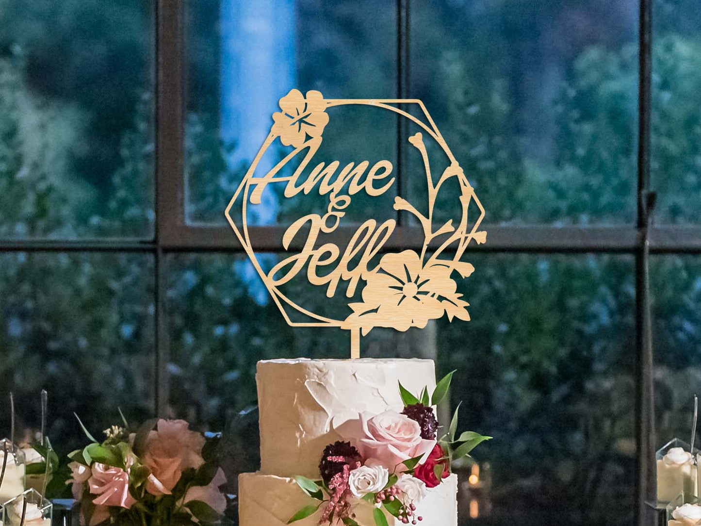 Flowery Wooden Wedding Cake Topper - PG Factory