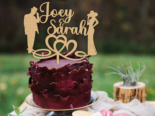 Stylish Couple Wooden Wedding Cake Topper with hearts - PG Factory