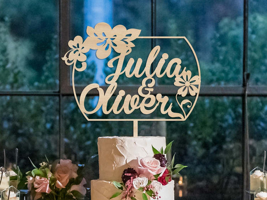 Square Flowery Wooden Wedding Cake Topper - PG Factory