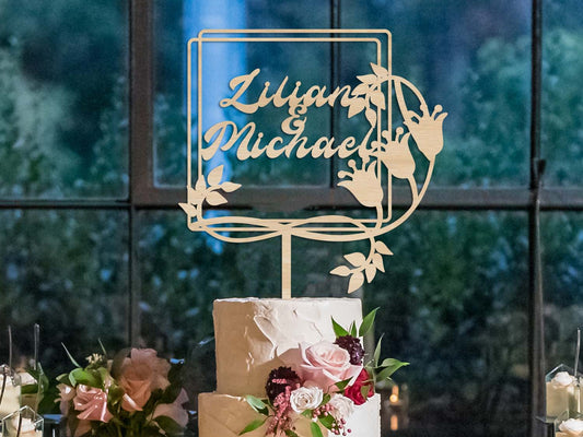 Flowers in Square Wooden Wedding Cake Topper - PG Factory