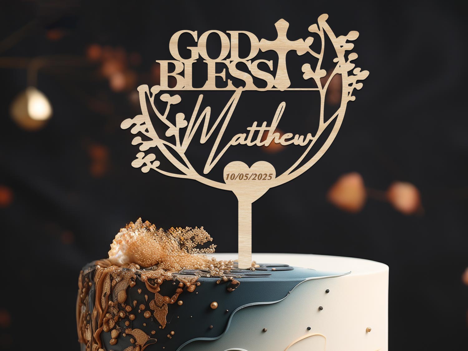 Personalised God Bless Cake Topper with date