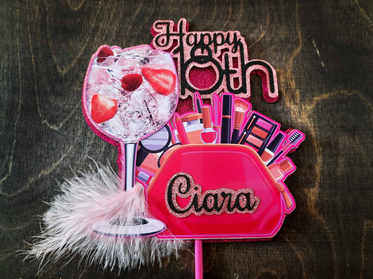 Pink Gin and Make Up Girl 3D Birthday Cake Topper