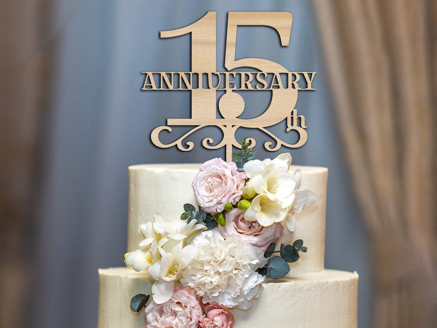 15th Anniversary Wooden Cake Topper