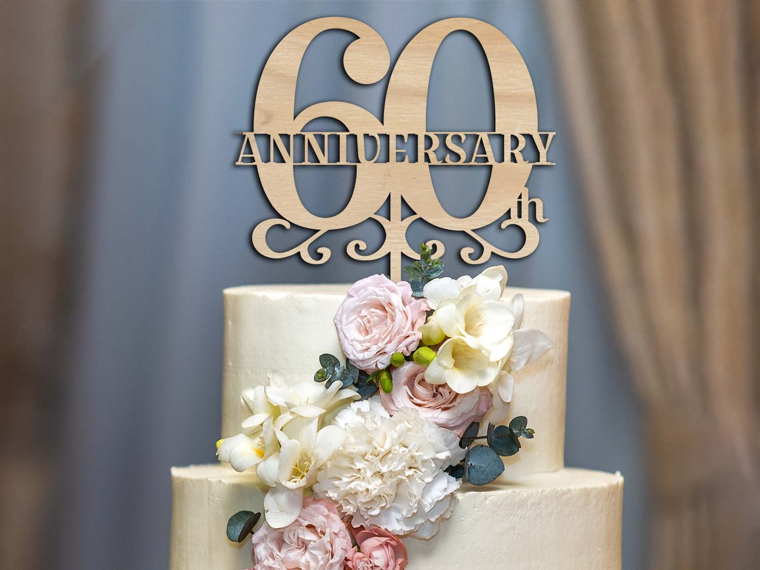 60th Anniversary Wooden Cake Topper