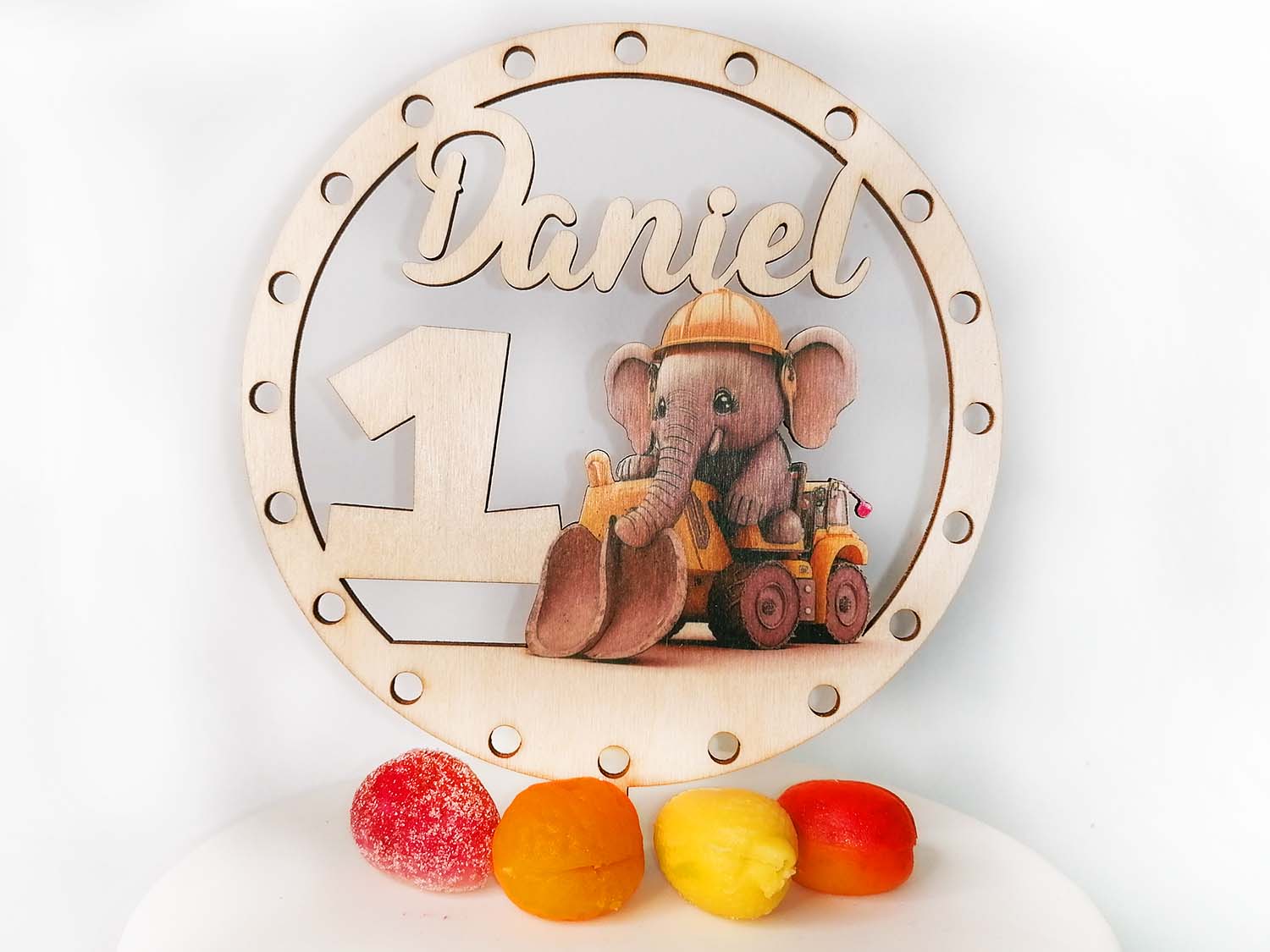 Baby Birthday Cake Topper with Cute Elephant and Bulldozer