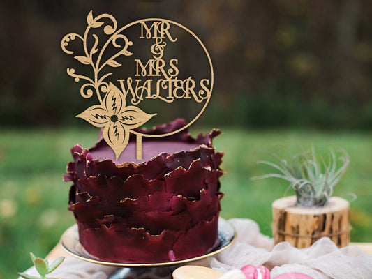 Flowery Mr and Mrs Wooden Wedding Cake Topper - PG Factory