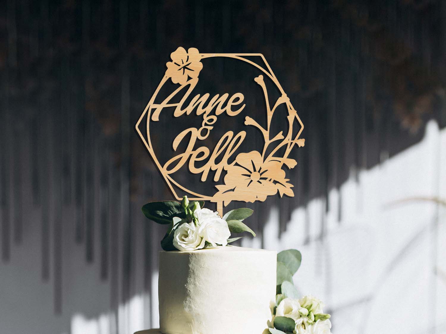 Flowery Wooden Wedding Cake Topper - PG Factory