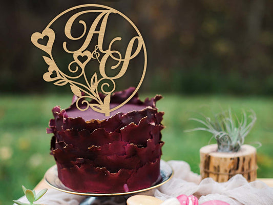 Flowery Initials Wooden Wedding / Engagement Cake Topper - PG Factory