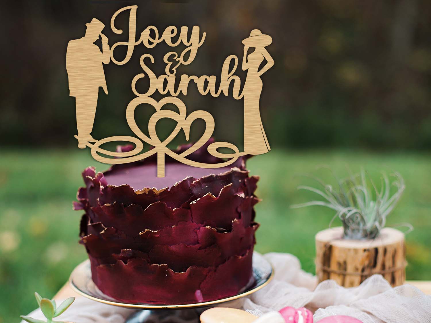 Stylish Couple Wooden Wedding Cake Topper with hearts - PG Factory