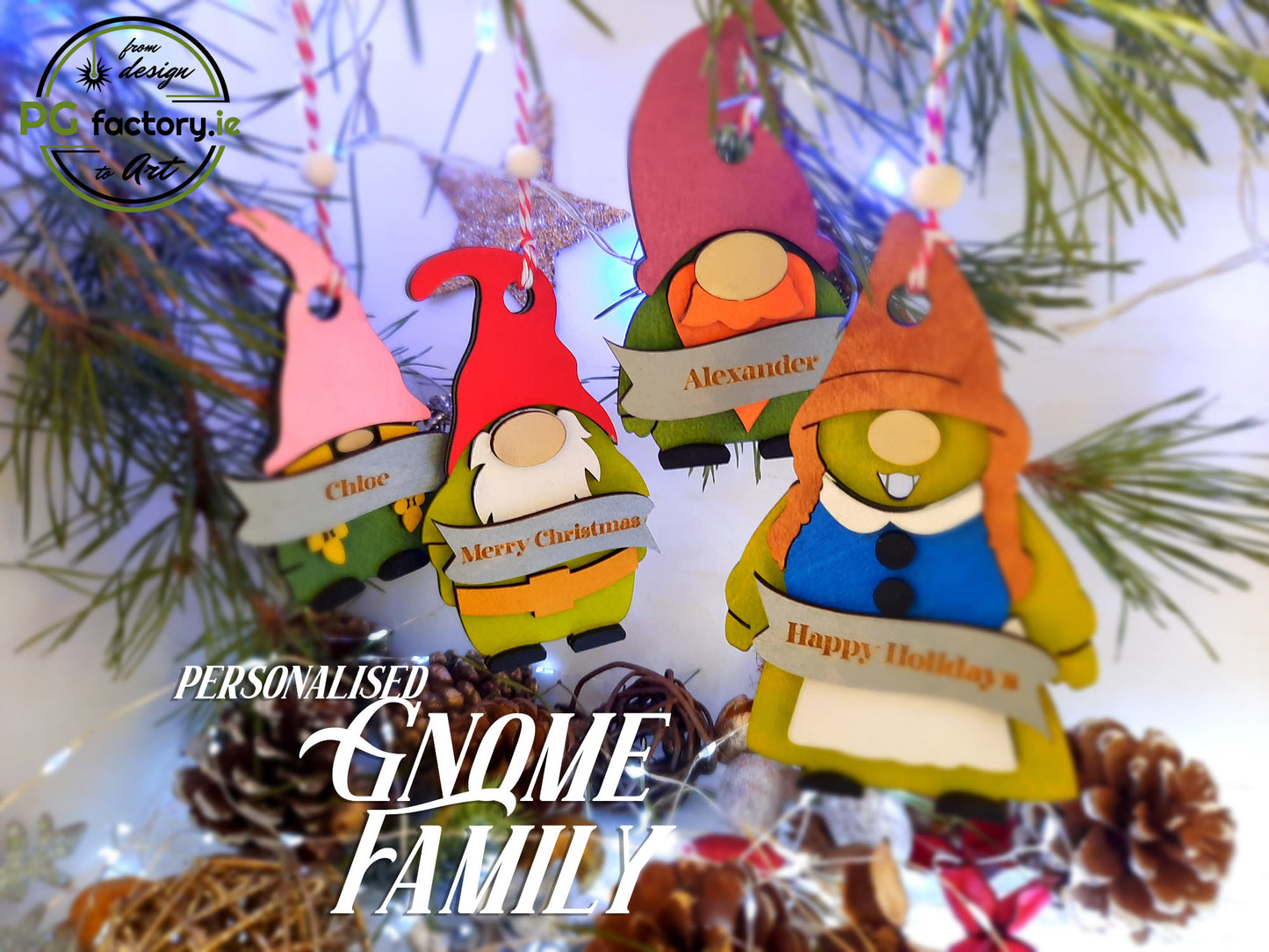 Gnome Family - set of 4 - Personalised Christmas tree decoration - PG Factory